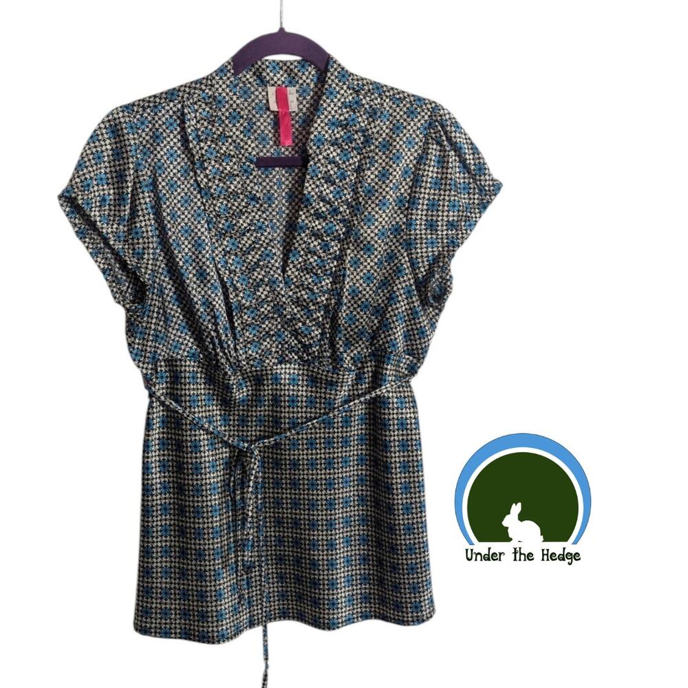 Y2K Heart Soul Blue White Geometric Belted Blouse Fits Large Satin Indie